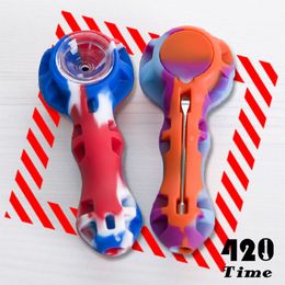 Colorful silicon hand pipe with glass bowl random color Silicon dab rig Hookah Bongs glass bowl dab tool wholesale 449