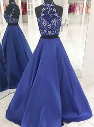 2019 Lace Crystal Beaded Prom Dresses High Neck Two Pieces Open Back Dresses Evening Wear A-line Formal Dress Cheap Gowns Women