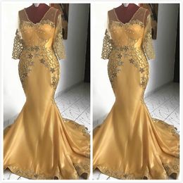 ゴールドセクシーなマーメイドアフリカの花嫁vneckレースのビーズグルームドレスの母親安いフォーマルパーティーイブニングドレスZJ18