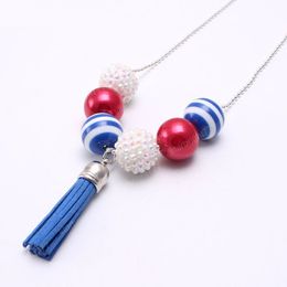 USA 4th July American Flag Necklace Fashion Kids Girls Chunky Bubblegum Beads Necklace Tassel Pendant Design Child Gift