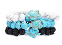 Summer Style Sea Turtle Beaded Strands Bracelets For Women Men Classic 8MM Turquoise Lava Stone Elastic Friendship Bracelet Beach Jewellery
