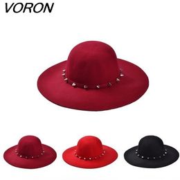 VORON Free Shipping 2017 New Fashion Wine Red /Red /Black Wool Floppy Hats With Studs Big Brim For Women /Ladies LY191228