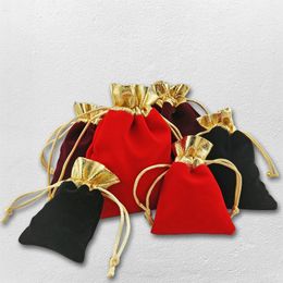 50pcs/lot Velvet Bag with Gold Edge Package Bags 7x9cm 10x12cm 12x15cm Organza Drawstring Gift Bags Wedding Jewellery Pouches