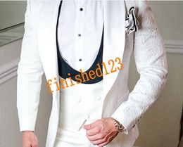 High Quality One Button White Paisley Groom Tuxedos Shawl Lapel Men Suits 3 pieces Wedding/Prom/Dinner Blazer (Jacket+Pants+Vest+Tie) W603