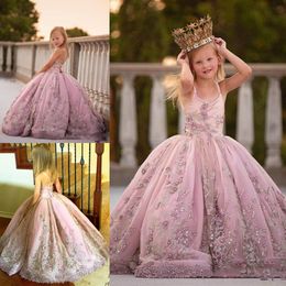 Pink Beaded Ball Gown Flower Girl Dresses For Lace Appliqued Wedding Pageant Gowns Tulle Floor Length First Communion Dress