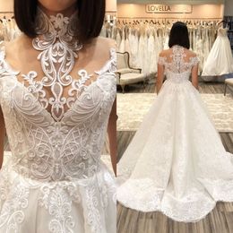 New Fashion A Line Wedding Dresses Sexy High Collar Lace Appliques Bridal Gowns Beach Backless Summer Wedding Dress