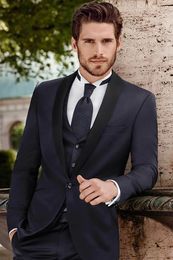 Navy Blue Groom Tuxedos Black Shawl Lapel Groomsmen Mens Wedding Dress Excellent Man Jacket Blazer 3 Piece Suit(Jacket+Pants+Vest+Tie) 1694