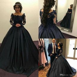 Elegant Amazing Black Ball Gown Wedding Dresses Scoop Long Sleeve Bridal Gowns Robe De Mariee Applique Boho Country Wedding Dresse270F