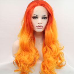HighTemperature Fiber Perruque Red Ombre Orange Wigs Long Body wave hair Synthetic Lace Front Wig For Women Costume