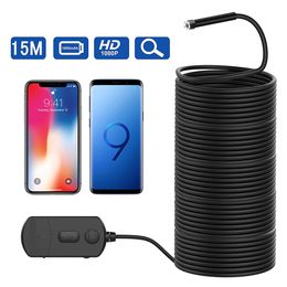 15M Cable Length Super Long 1080P Semi-Rigid Inspection Camera 2 MP HD WiFi Borescope Wireless Endoscope with Zoomable Focus and 1800mAh Battery Cam PQ301