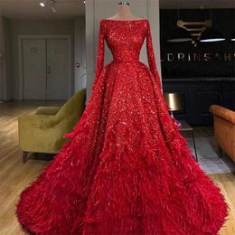 Luxurious Red Feather Evening Dresses 2020 Sequined Long Sleeves Prom Gowns Bateau Neck robes de soirée Formal Occasion Wear