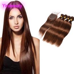 Indian Raw Virgin Hair Bundles With 4X4 Lace Closure Middle Three Free Part 4# Siky Straight Colour 4 Cheap Dyed 100% Human Hair