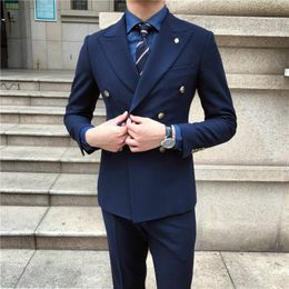 Handsome Men's Double Breasted Navy Blue Wedding Suits Formal Party Sports Groom Wear Blazer Tuxedos (Jacket+Pants)