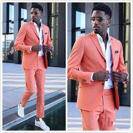 Fashion Coral Groom Wedding Tuxedos Men Groomsmen Suits Notached Lapel Slim Fit Two Button Prom Party Dinner Blazer Jacket (Jacket+Pants)