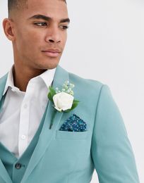Mint Green Mens Suits Slim Fit 3 Pieces Beach Groomsmen Wedding Tuxedos For Men Peaked Lapel Formal Prom Suit Jacket Pan270O