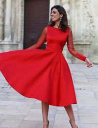 New Sheer Long Sleeves Red Homecoming Dresses A Line Jewel Neck Backless Tea Length Cocktail Prom Dresses Mother Formal Gowns
