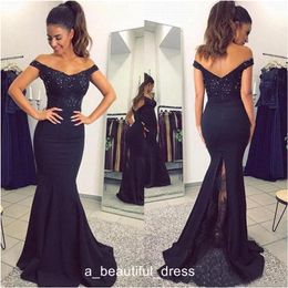 Navy Blue Mermaid Prom Dresses Off Shoulder Satin Sequined Beaded Lace Applique Sweep Train Zipper Back Long Evening Party Gowns ED1227
