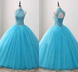 Turquoise Embroidered Beaded Quinceanera Dresses High Neck Lace-up Tulle Sequins Sweet 16 Dress Ball Gowns Prom Dress Party Graduation Gown
