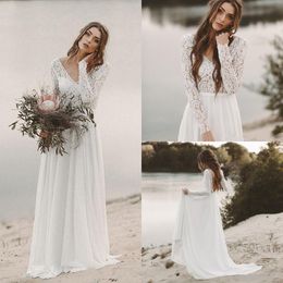 Sexy Elegant White Beach Wedding Dresses A-line Chiffon Lace Top V-Neck With Long Sleeves Backless Draped Bridal Gown Illusion Vestidos