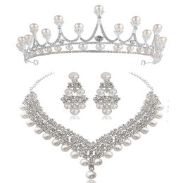 White Crystal Pearl Crown Earrings Necklace Jewelry Sets Bridal Wedding Jewelry Elegant Fashion Cubic Zirconia diamond jewelry