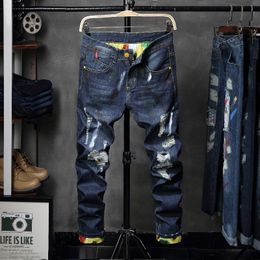Fashion-2018 fashion Mens Jeans Light Blue Skinny Ripped Jeans Destroyed Holes Ripped Zipped Straight Denim Pants Streetwear hole denim