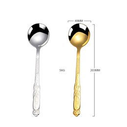 Stainless Steel Korean Round Dinner Spoon Carved Long Handle Soup Spoon Mirror Face Western Tableware WB762