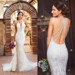 sexy halter mermaid wedding dress sparkling sleeveless appliqued lace beaded wedding gown backless ruffle sweep train robes de marie