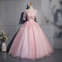 2018 New Pink 1/2 Sleeve Butterfly Appliques Ball Gown Quinceanera Dresses Scoop Lace-Up Sweet 16 Dresses Debutante 15 Year Party Dress BQ81