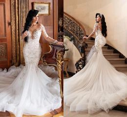 Sexy Arabic Long Sleeves Crystal Beading Mermaid Wedding Dresses Lace Appliques Sheer Open Back Plus Size Formal Bridal Gowns