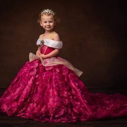 Fuchsia Beaded Little Girls Pageant Dresses Ball Gown 3D Appliqued Flower Girl Dress For Wedding Off Shoulder First Communion Gowns 407