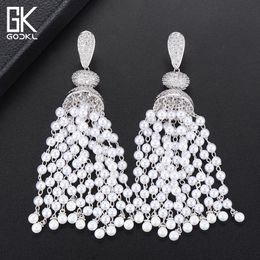 Godki Luxury Imitation Pearls Tassels Long Dangle Earrings For Women Wedding Cubic Zircon Dubai Bridal Silver Drop Earrings 2018 J190718