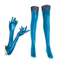 Plus Size 2PCS Set Sexy Shiny Faux Leather Long Gloves Lace Edge Thigh High Stockings Cosplay Party Catwoman Costume Accessories