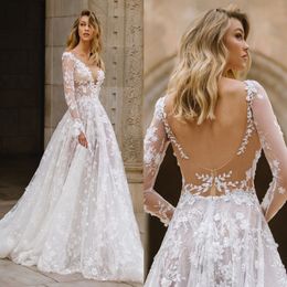 Stylish Lace Backless Wedding Dresses Deep V Neck Long Sleeves Appliqued Bridal Gowns Tulle Sweep Train robe de mariée