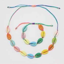 Bohe Colourful Metal Shell Necklace Bracelet Set Weave Adjustable Necklace Summer Beach hip hop Jewellery drop ship