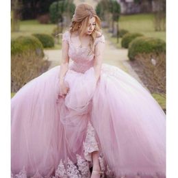 2020 Amazing Blush Pink South African Ball Gown Wedding Dresses Lace Beads Applique Sweetheart Short Sleeve Tulle Bridal Dress Party