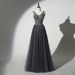 Sexy Backless Evening Dress Long Sexy Gray Evening Dresses Soft Tulle with Shining Sequins Beads Sweep Train