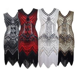 Diamonds Lantejoula Beading vestidos de festa vintage Mulheres profunda V-Neck Grande Gatsby Vestem 1920 Flapper Prom Dress Tassel Hem Clube Mini Vestido