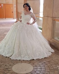 2020 Arabic Aso Ebi Plus Size Sheer Neck Lace Beaded Wedding Dresses Long Sleeves Bridal Dresses Hand Made Flowers Wedding Gowns ZJ244