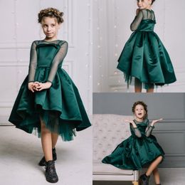 2019 Dark Green Flower Girls Dresses Tulle Long Sleeves High Low Satin Kids Wedding Party Gowns