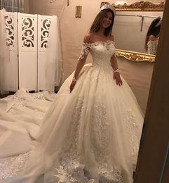 New Custom Princess Ball Gown Wedding Dresses with Illusion Long Sleeves Off Shoulder Wedding Gowns Applique Lace Long Bridal Dress