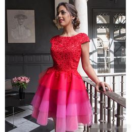 Cute Red Lace Short Capped Sleeves Homecoming Dresses Fuchsia Tulle Scoop Neck Two Tone Tiered Skirt Tail Party Gown Custom Made