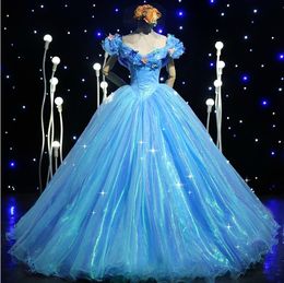 cinderella butterflies UK - Blue Fashion Ball Gown V-neck Pleated Floor-length Tulle Cinderella Prom Dress with Butterfly 2020 Quinceanera Dresses