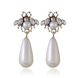 New bee pearl earrings big rhinestone Wedding Drop Earrings Women Female Fashion Dangle Jewellery creative Long Earrings Jewellery