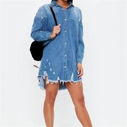 Wholesale-Women Casual Tassel Denim Blouse Shirts Spring Ladies Long Sleeve Tops Blouses Female Button Holes Long Shirts