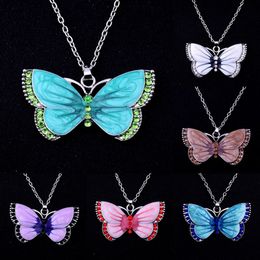 Enamel Animals Butterfly Crystal Rhinestone Pendant Silver Chain Necklace For Women Girl Jewellery Birthday Christmas Xmas Gifts