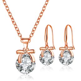 Gold Jewellery Sets For Women Stone Pendant Necklace Earrings Set Cute Metal Bow Decoration Round Cubic Zirconia Love Gifts