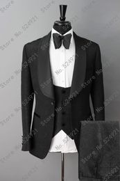 Newest Men Suits Black Pattern 3 Picese Groom Tuxedos Shawl Satin Lapel Groomsmen Wedding Best Man ( Jacket+Pants+Vest+Tie ) L431