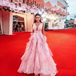 Ruffles Prom Dresses Light Pink Deep V Neck Draped Long Formal Celebrity Evening Gowns A Line Red Carpet Dresses Party Vestidos262c