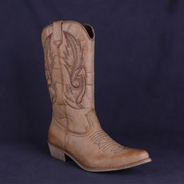 Hot Sale-HZXINLIVE Vintage Western Cowboy Boots for Women Classic Pointy Toe Leather Cowgirl Boots Square Heels Shoes Knee High