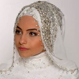 Luxo Costura Beads Véus De Cristal Custom Made Cor Comprimento Amplo Véus Muçulmanos Hijab Uma Camada Feitos À Mão Véu Do Casamento